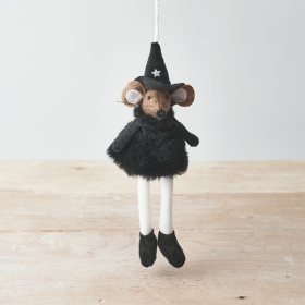 A spooky and sweet halloween mouse decoration with a fluffy dress and witches hat. Complete with white star detail. 