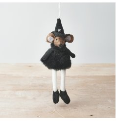 An adorable hanging mouse decoration dressed in a witches costume.