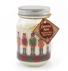 An attractive glass candle jar decorated with a traditional and colourful nutcracker design. Filled with festive aromas.