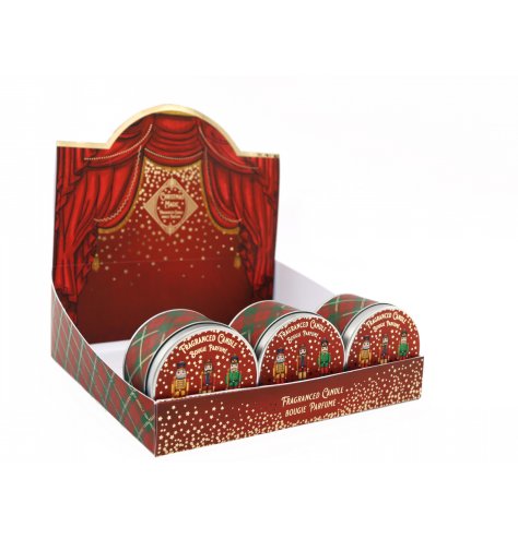A beautifully decorated traditional candle tin with nutcracker design and festive fragrance.