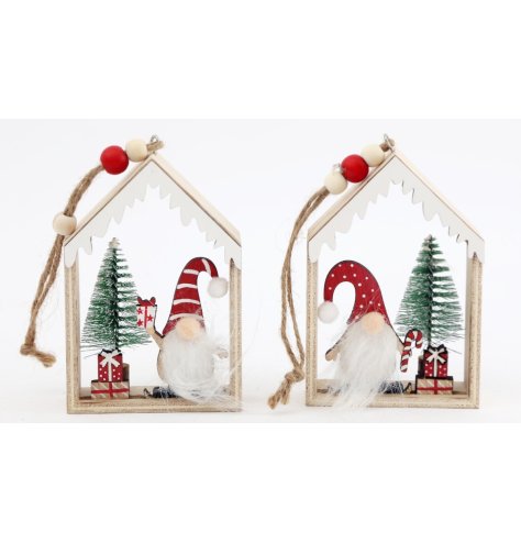 A Festive Assortment of 2 Hanging Wooden House Decorations