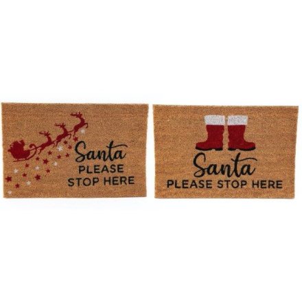  2 Assorted Santa Stop Here Doormats, 60cm
