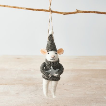 14cm Grey Jumper Hanging Mouse