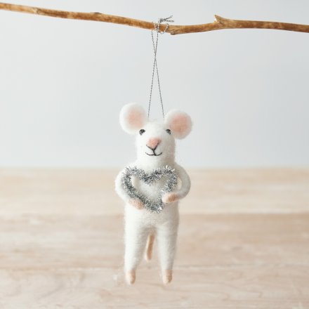 10.5cm White Mouse With Silver Heart