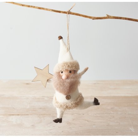 Hanging White Santa With Wooden Star, 16cm