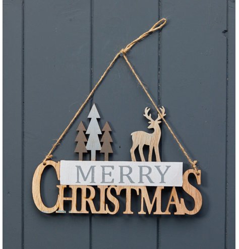 A chic wooden Merry Christmas sign in natural colours. Complete with tree and reindeer figures.