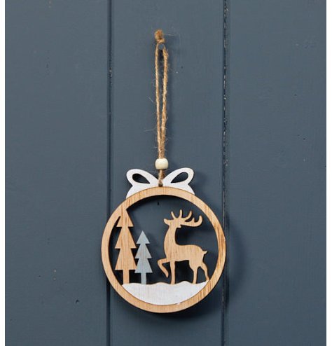 A natural wood and painted bauble shaped hanging decoration with jute string and bead.