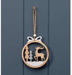 A bauble shaped wooden hanger depicting a woodland scene. Complete with bead and painted details.