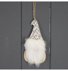 A chic hanging Santa decoration in neutral colours. Complete with faux fur details and jute hanger. 
