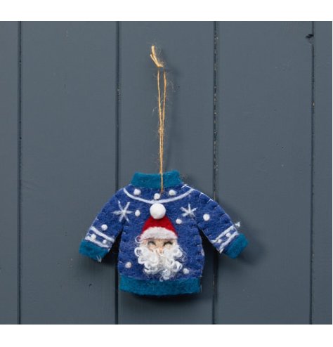 A gorgeous miniature Christmas jumper decoration. Beautifully detailed with a fun and festive Santa image. 