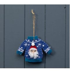 A colourful and quirky Christmas jumper decoration with a wonderfully detailed Santa design.