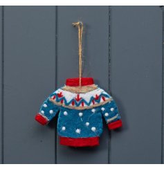 A beautifully detailed mini Christmas jumper decoration in vibrant red and blue colours.
