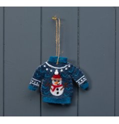 A fun and festive Christmas jumper hanging decoration, complete with a beautifully detailed snowman design.