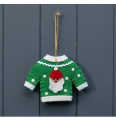 A fun and festive Christmas jumper hanger decoration. A brightly coloured design with pom poms and fur trim.