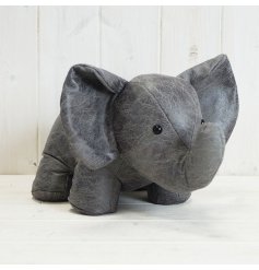 A cute elephant doorstop with a grey rustic finish. 
