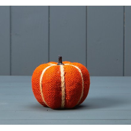 A rustic pumpkin decoration with a burnt orange hessian wrap. Complete with plaited string. 