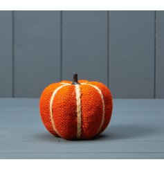 A rustic pumpkin decoration with a burnt orange hessian wrap. Complete with plaited string. 