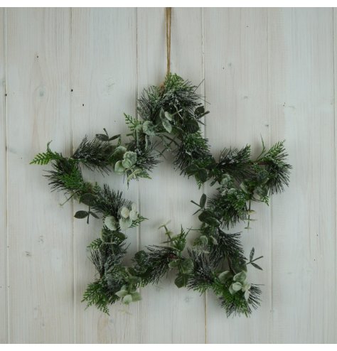 A star shaped wreath with mixed traditional foliage. Complete with a frosted finish.