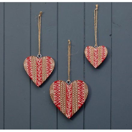 Hanging Natural Heart in Red & White, 13cm