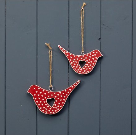 15cm Hanging Red Bird With White Hearts
