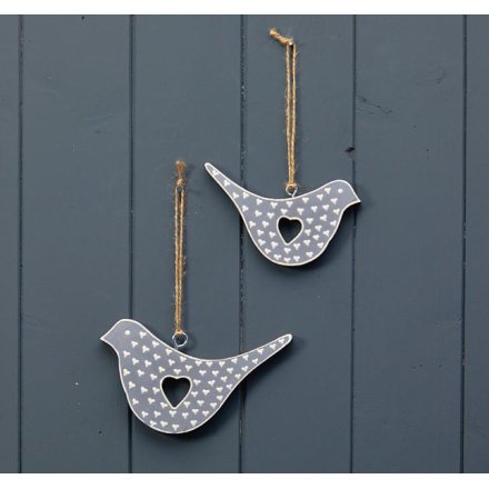 12.5cm Hanging Grey Bird With White Hearts