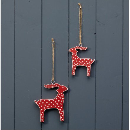 11.5cm Hanging Red Reindeer With White Hearts