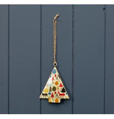 A festive hanging metal tree decoration