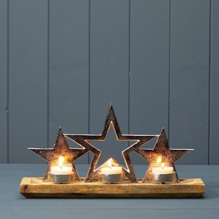 3 T-lights On Wooden Base With Silver Stars