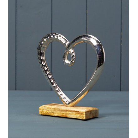 Silver Heart On Wooden Base Ornament