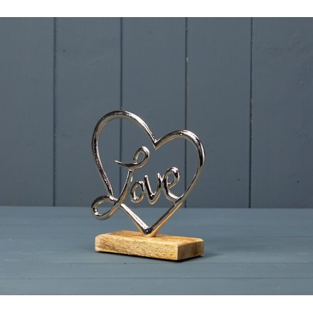 Wooden Base Silver Heart With Love