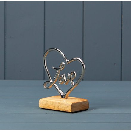 Silver Heart With Love On Wooden Base 11.5cm