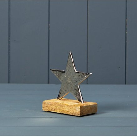 Silver Star On Wooden Base 11.5cm 