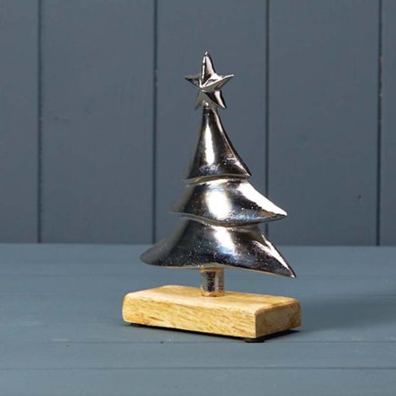Silver Tree On Wooden Base Ornament