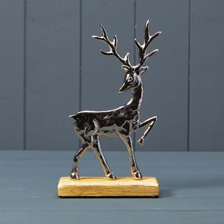 Silver Deer On Wooden Base 23cm