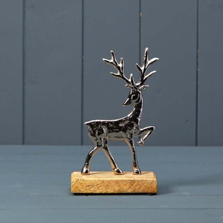 Silver Deer On Wooden Base 18cm