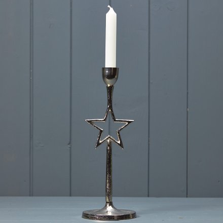 Silver Star Christmas Candle Holder 28cm