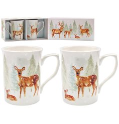 A charming set of 2 deer and fawn mugs