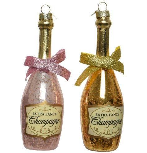 An assortment of 2 glass champagne bottle decorations in pink and gold vintage designs. 