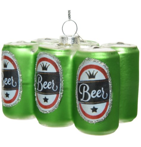 A pack of beer cans made from glass and decorated in silver glitter. Hung with silver string for a unique decoration