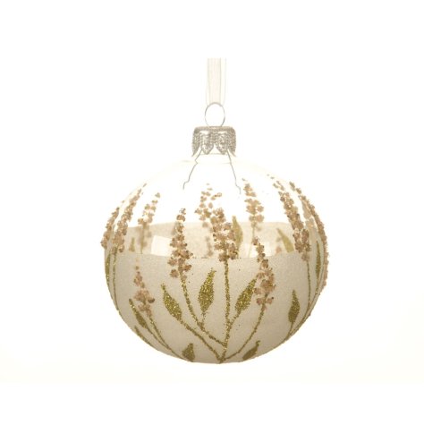 A chic glass bauble with glitter stems and eco dried flowers. Complete with organza ribbon hanger.