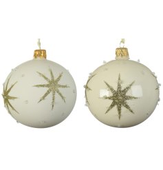 An assortment of 2 glass baubles in shiny and matt finishes. Each is decorated with luxury glitter gold stars.