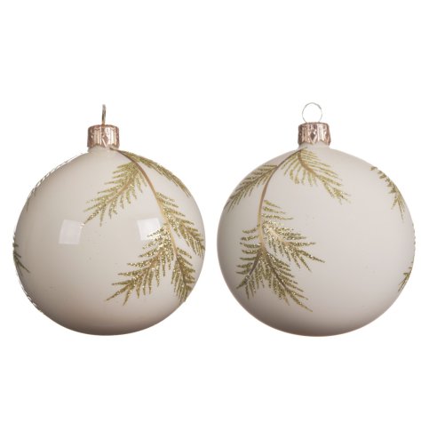 Matt and shiny glass baubles with a gold glitter leaf design. Complete with gold cap and hanger. 