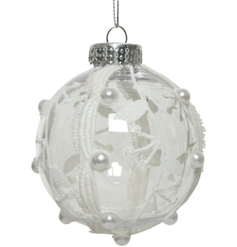 A chic lace and pearl transparent bauble. A shatterproof bauble with lots of intricate detail. 