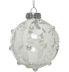 A pretty transparent bauble decorated with an intricate lace and pearl design. Complete with silver cap and hanger.