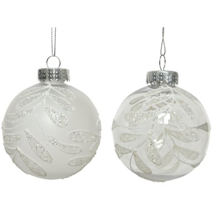 An assortment of 2 matte and transparent shatterproof baubles with a silver glitter leaf design. 