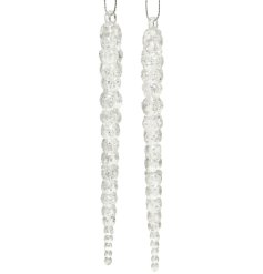 A stylish transparent icicle decoration with silver glitter and hanger.