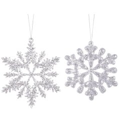 A mix of 2 different acrylic snowflake decorations covered with sparkling silver glitter. Complete with silver hanger.