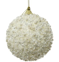 A chic cream bauble with sequins and beads. Complete with gold hanger.