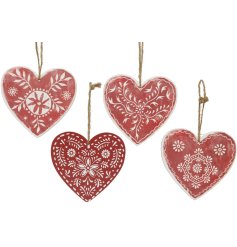 A mix of 4 painted heart hangers, each with a unique folk flower design.