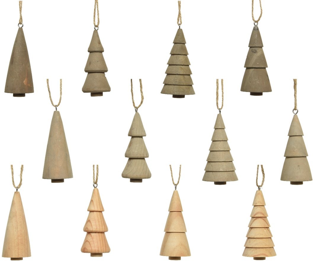 Assortment of 12 Wooden Tree Hanging Decorations, 6cm Christmas